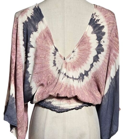 Tie-Dye Pink And Blue V-Neck Women's Crop Top - Picture 4 of 6